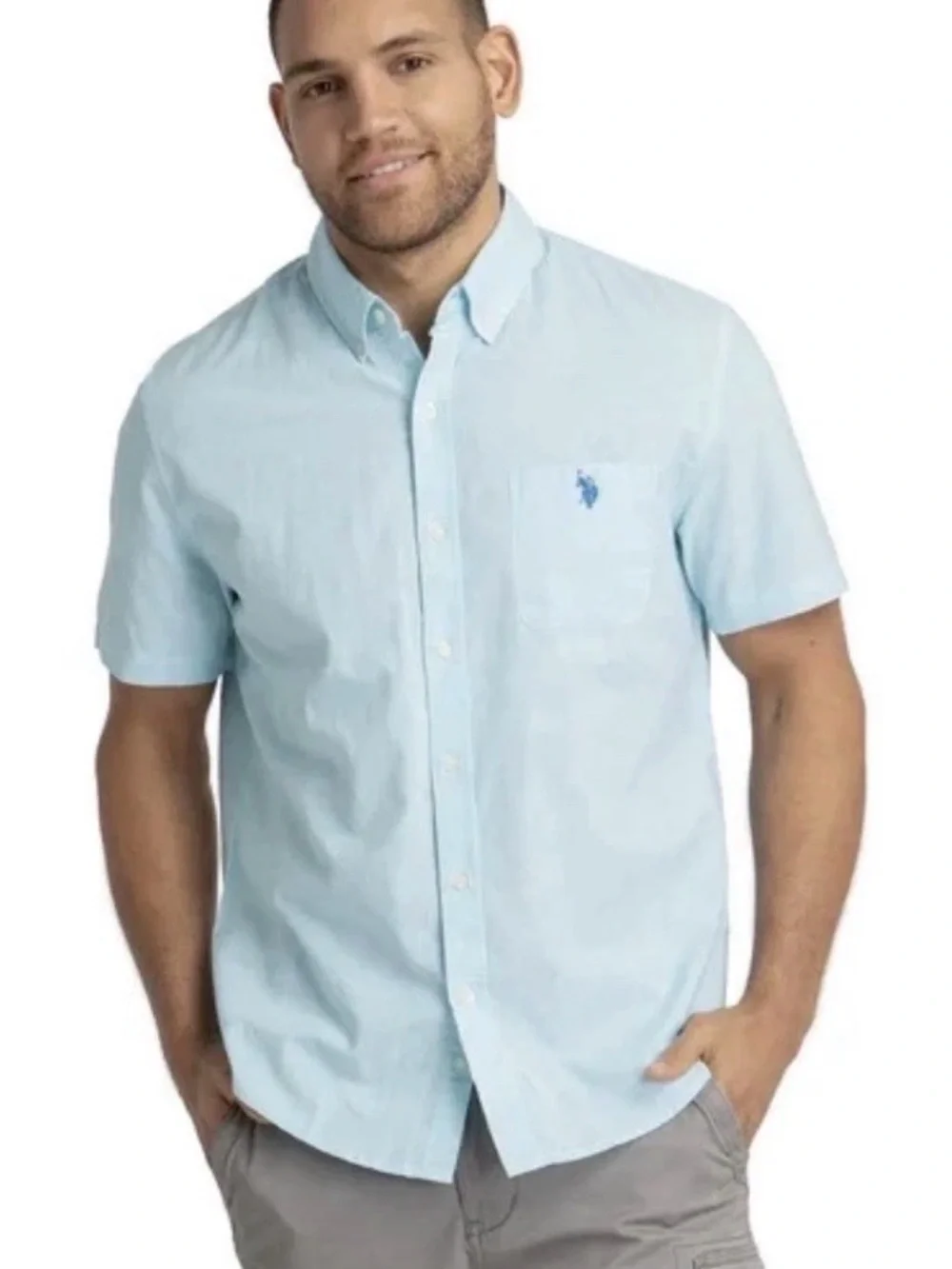 U.S. Polo Assn Men XS Blue Stripe Button Up Shirt Stretch EZ Wicking Short
